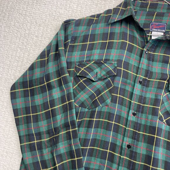 Vintage  Champion Plaid Cotton Flannel Shirt Large Green/Red Workwear Button-Up - Picture 3 of 15
